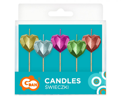 Birthday Picks Candles Hearts, metallic, 5pcs