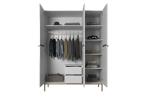 Wardrobe Nicole with Drawer Unit 150 cm, matt white, gold handles and legs