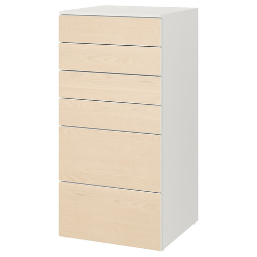 SMÅSTAD / PLATSA Chest of 6 drawers, white, birch, 60x57x123 cm