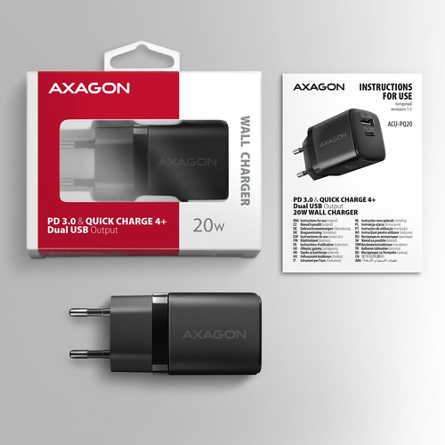 AXAGON Wall Charger EU Plug ACU-PQ20 PD&QC 20W, black