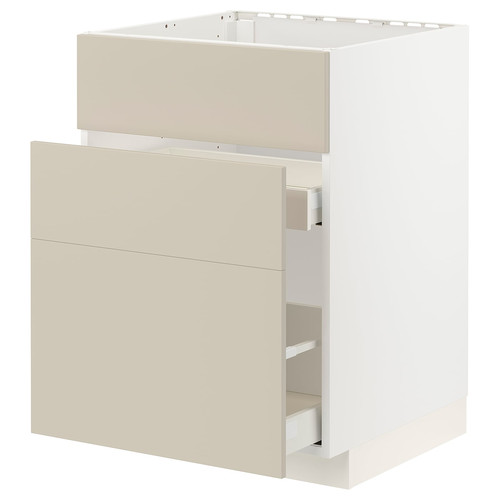 METOD / MAXIMERA Base cab f sink+3 fronts/2 drawers, white/Havstorp beige, 60x60 cm