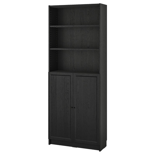 BILLY / OXBERG Bookcase with doors, black oak effect, 80x30x202 cm