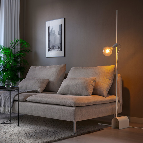 HÅRSLINGA / LUNNOM Floor lamp with light bulb, white/clear glass