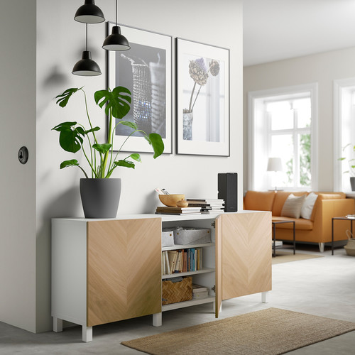 BESTÅ Storage combination with doors, white, Hedeviken/Stubbarp oak veneer, 180x42x74 cm