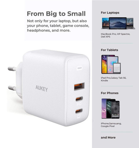 Aukey Charger 1xUSB-A 2xUSB-C 3A 90W EU Plug, white