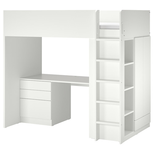 SMÅSTAD Loft bed, white white/with desk with 2 shelves, 90x200 cm