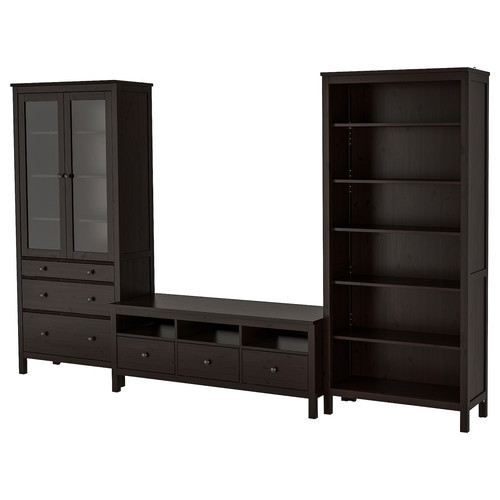 HEMNES TV storage combination, black-brown, clear glass, 326x197 cm