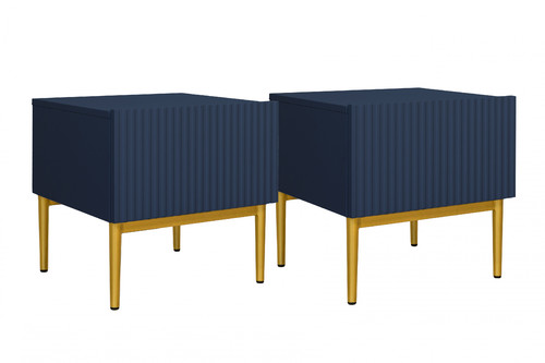 Nightstand Bedside Table Nicole Set of 2, gold legs, dark blue