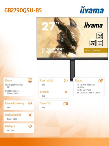 IIyama 27" Gaming Monitor GB2790QSU-B5 1ms IPS DP HDMI 240Hz FreeSync QHD HDR400