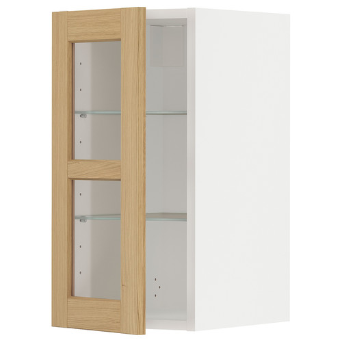 METOD Wall cabinet w shelves/glass door, white/Forsbacka oak, 30x60 cm