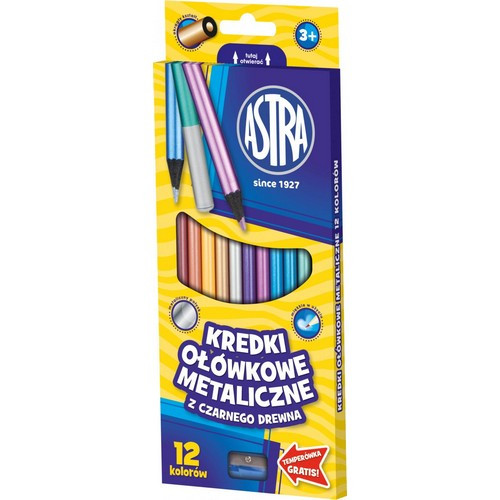 Astra Black Wood Coloured Pencils in 12 Metallc Colours + Sharpener