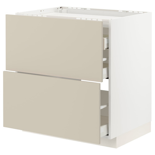 METOD / MAXIMERA Base cab f hob/2 fronts/3 drawers, white/Havstorp beige, 80x60 cm