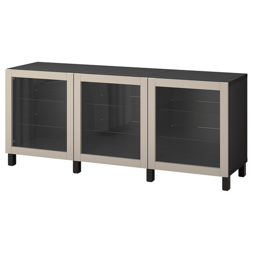 BESTÅ Storage combination with doors, black-brown Sindvik/Stubbarp/light grey-beige clear glass, 180x42x74 cm