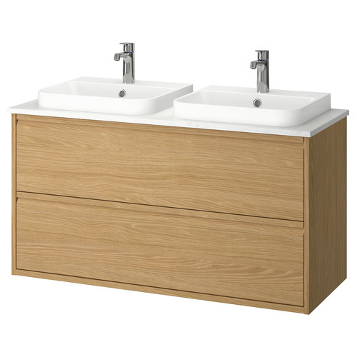 ÄNGSJÖN / BACKSJÖN Wash-stnd w drawers/wash-basin/taps, oak effect/white marble effect, 122x49x71 cm