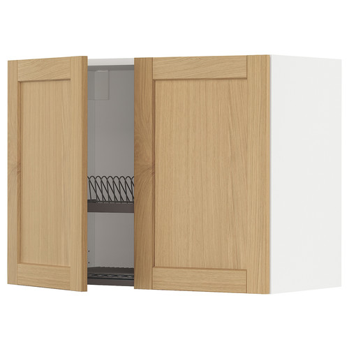 METOD Wall cabinet w dish drainer/2 doors, white/Forsbacka oak, 80x60 cm