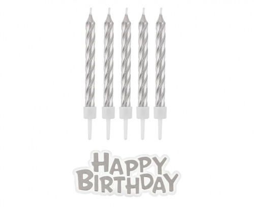 Birthday Candles Happy Birthday, silver, 16pcs