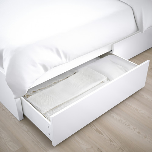 MALM Bed frame, high, w 2 storage boxes, white, Leirsund, 90x200 cm