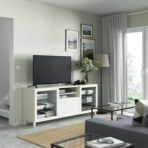 BESTÅ TV bench with drawers, white/Sutterviken/Kabbarp white clear glass, 180x42x74 cm