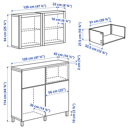 BESTÅ Storage combination w doors/drawers, white Lappviken/Sindvik/Stubbarp white clear glass, 120x42x240 cm