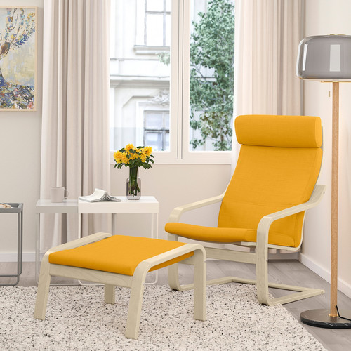POÄNG Armchair and footstool, birch veneer/Skiftebo yellow